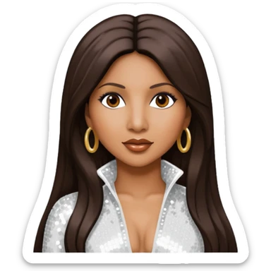 Toni Braxton with long dark brown hair, white sequin outfit sticker