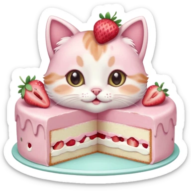A cute cat happily eating a slice of strawberry cake, pastel color palette, soft shading, big sparkling eyes, kawaii style, highly detailed digital illustration, cozy atmosphere
, sticker