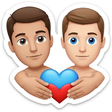 Gay mail couple, tall Latin man and shorter white man. White man with medium brown hair and blue eyes  Latin man is muscular. Draw these characters in an cartoon style and place them together in a heart filled background  sticker