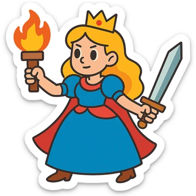 princess with torch and sword, vibrant toon style sticker