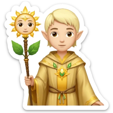 {
      "type": "human",
      "look": "light elf healer, golden robe, staff with leaf and sun motif",
      "description": "a light elf healer wearing a golden robe and holding a staff with leaf and sun symbols"
    } sticker