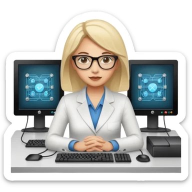 a woman developer in a meeting on a table, with others developers, in the background a mainframe computer sticker