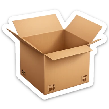 empty cardboard box, open top, brown color sticker