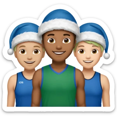 crie a imagem de 3 atletas de modalidades diferentes, usando um chapeu de papai noel das cores verde e azul. sticker