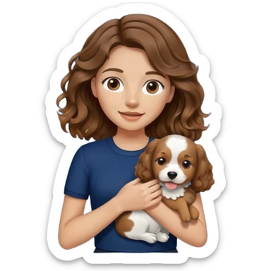 brown haired girl with braces, wavy hair, slightly tan, wearing a navy blue sando or fitted top, holding a dog. sticker