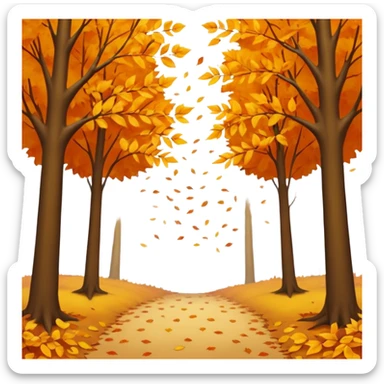 A peaceful autumn scene with golden and orange leaves gently falling from tall trees, soft sunlight filtering through the branches, leaves covering the ground, a gentle breeze in the air, cinematic atmosphere, warm color tones, 4K, ultra detailed, hyperrealistic, dreamy fall season landscape sticker