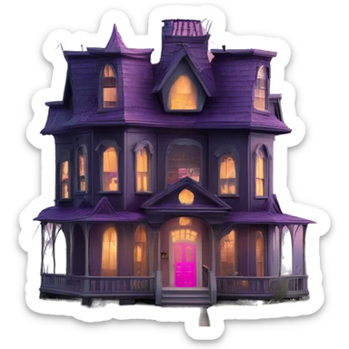 Barbie’s and Batman’s 6 story tall very haunted dream house with complete wrap-around porch and spider webs everywhere and some broken windows and boards  sticker