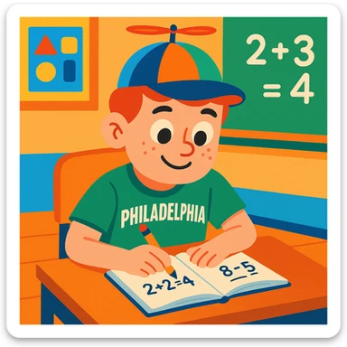 Little Johnny, propellor hat spinning, Philadelphia sports shirt, at a math classroom desk, neatly working, positive and studious atmosphere, colorful and friendly sticker