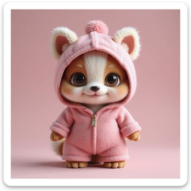 a cute animal in pink clothing, realistic fur and fabric textures sticker