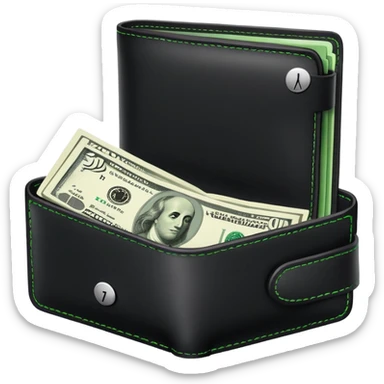 black wallet with green dollar bills visible inside and a small clock in top right corner positioned over the wallet sticker