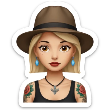 tattooed woman with a hat sticker