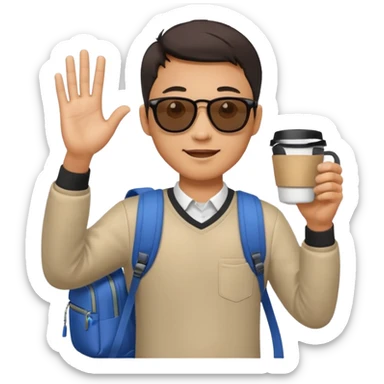 An asian man wearing sunglasses and carrying a backpack, holding a cup of coffee and waving his hand (in greeting) sticker