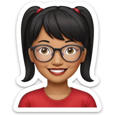 filipino woman black hair in one pony tail with straight bangs and big glasses, 60 yr old

 sticker