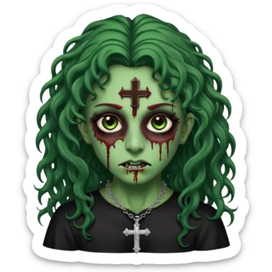 Zumbi verde com olhos castanhos aspecto de que tá sangrando, com cabelo castanho cacheado longo um piercing do lado esquerdo do nariz, roupa preta e crucifixo como colar, e também delineador  sticker