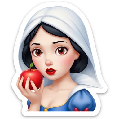 Cinematic Funny Snow White Portrait Emoji, Holding an apple with a suspicious expression, one eyebrow raised, lips pursed as if questioning her life choices, a hilariously relatable fairy tale moment! sticker
