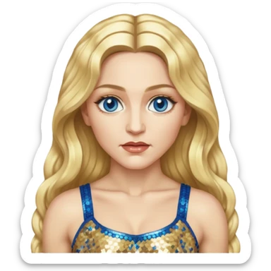 Madonna with blonde long hair, gold sequin crop top, blue eye sticker