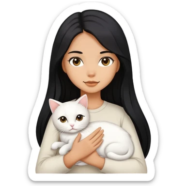 A girl with long black hair holding a white cat sticker
