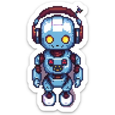 robot with headphones, pixel art style sticker