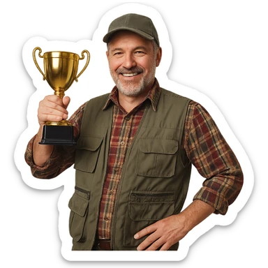 a fisherman proudly displaying a trophy cup, casual fishing attire sticker