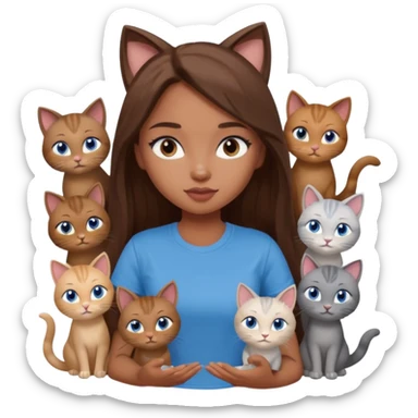 a pretty bratz dusky girl with long brown hair, blue eyes with six cats nd wearing a grey tshirt sticker