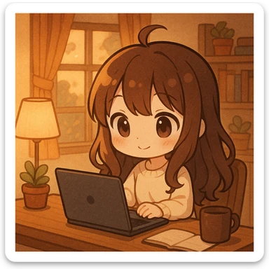 Add a laptop on the desk in front of the chibi girl, keeping the warm atmosphere. sticker