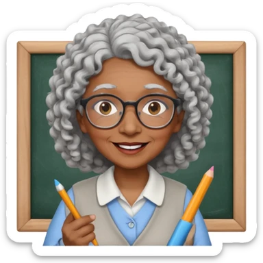 old woman teacher, brown skin, curly grey white hai, wearing glasses, hold chalk on hand sticker