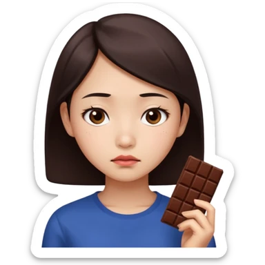 A young Asian female with a gloomy expression, thinking of chocolate sticker