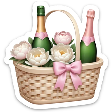 White Picnic basket with light pink bow and white peonies and a pink champage bottle inside sticker
