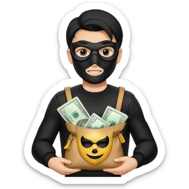 создай человека в черное одежде и черной маске с большим мешком денег в руках sticker