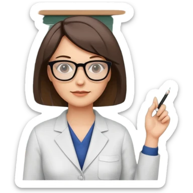 40 year old female with a bob, work as a professor, in the middle of a workshop, in front of a white board with figures and diagrams sticker