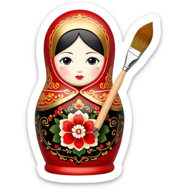 Wooden doll painting icon, traditional Russian Matryoshka doll being painted with intricate Palekh or Khokhloma designs, visible paintbrush, vibrant red, gold, and black colors, unfinished doll with detailed patterns in progress, minimalistic style, clean lines, transparent background. sticker