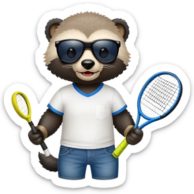 mischievous anthropomorphised honey badger in jeans and a t-shirt, wearing sunglasses, holding a tennis racket sticker