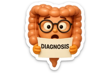 EMOJI STILE IPHONE DI UN INTESTINO CON GLI OCCHIALI CHE LEGGE UN FOGLIO CON LA SCRITTA DIAGNOSI, ESPRESSIONE STUPITA IN VOLTO, IPERREALISTICO 4K sticker