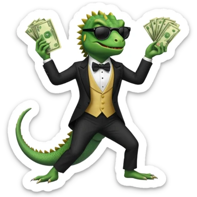 capitalist iguana banker in tuxedo and black sunglasses dancing crazy with money sticker