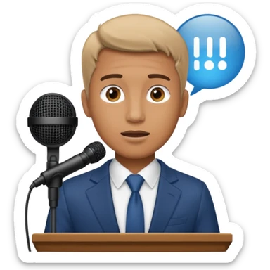 A man speaks into a microphone, and there is a prompter screen in front of him. sticker