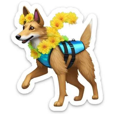  brindle fluffy lurcher Alsatian fox running blue eyes fluffy ears and iridescent holographic oilslick harness wearing paper flower crown yellow caution tape neon sign sticker