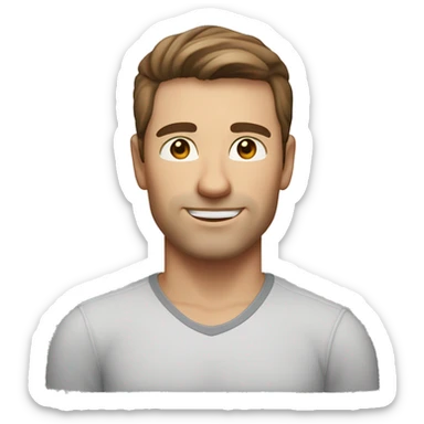 A head and shoulders shot of a 33 year old Caucasian man, with short brown hair,   with brown eyes wearing a t-shirt. sticker