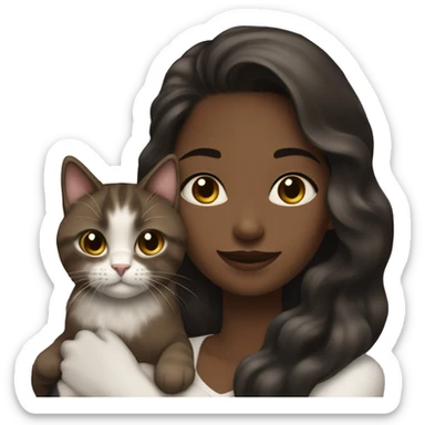 long wavy haired brown skin woman holding black and white cat sticker