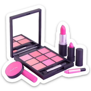 Pink AVON makeup set with pink lipstick, pink blush, and pink eyeshadow palette sticker