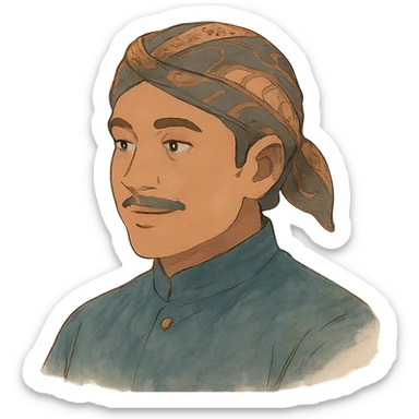 Ghibli style soft colors portrait of a Javanese man wearing a blangkon sticker