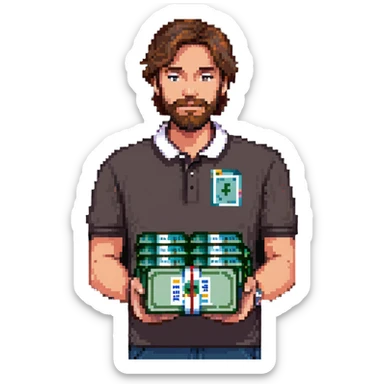 bearded brown-haired man in a polo shirt holding bundles of bills sticker
