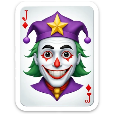 1 poker card, squared, with crazy colorful human jolly joker inside, star symbol with a "J" sticker