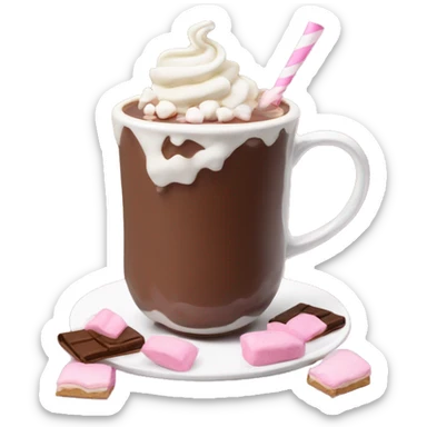 Hot chocolat with a pink cup with marsmellows and wipped cream sticker