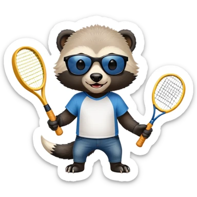 mischievous anthropomorphised honey badger in jeans and a t-shirt, wearing sunglasses, holding a tennis racket sticker