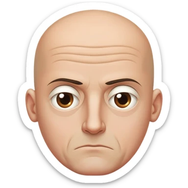 Steven Miller, bald, scowling expression, narrow rectangular head, bottom lip sticking out, eyelids almost closed and lower on the outside sticker