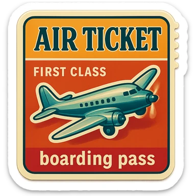 retro plane ticket, 1950s style, classic fonts, perforated edges sticker