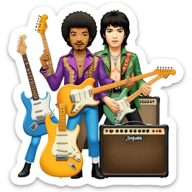 Rock music icon: powerful stage with electric guitars, drums, and amplifiers. Collage of rock icons—Jimi Hendrix, Led Zeppelin, Nirvana, and The Rolling Stones—symbolizing the energy and rebellion of rock. Transparent background. sticker