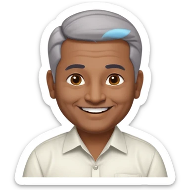 50 yr old indian man, dark skin, grey hair, big smile, white teeth, chubby, no moustache, clean shaven, young style hair, hair brushed back, 5 oclock shadow, bindy, dress shirt, forehead dot, chubby, religious sticker