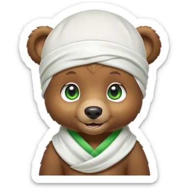 Playful brown bear cub in a white silk durag with a slight smile and bright green eyes, iOS emoji style sticker
