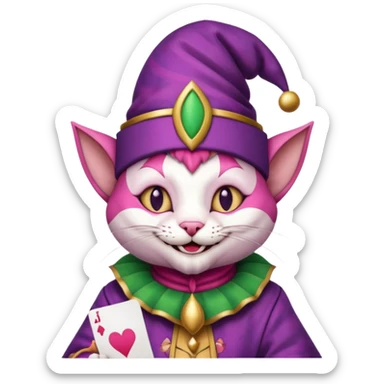 court jester cat medieval, single poker card joker clearly visible, pink, face only sticker